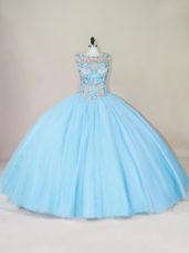 Admirable Blue Lace Up 15th Birthday Dress Beading Sleeveless Floor Length