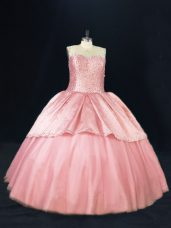 Pink Ball Gowns Tulle Scoop Sleeveless Beading Floor Length Lace Up Quinceanera Gown