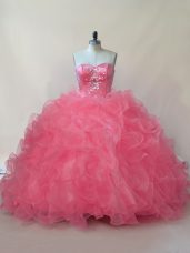 New Style Coral Red Sweetheart Lace Up Beading and Ruffles Sweet 16 Dress Sleeveless