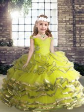Beautiful Sleeveless Floor Length Beading and Ruffles Lace Up Pageant Dress for Teens with Yellow Green