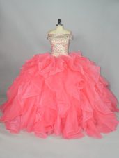 Designer Watermelon Red Off The Shoulder Lace Up Beading and Ruffles Quinceanera Dresses Sleeveless