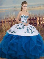 Fine Blue And White Tulle Lace Up Sweetheart Sleeveless Floor Length Sweet 16 Dresses Embroidery and Ruffles and Bowknot