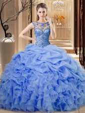 Charming Scoop Sleeveless Lace Up Quinceanera Dresses Blue Organza