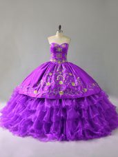 Pretty Purple Sleeveless Floor Length Embroidery and Ruffles Lace Up 15th Birthday Dress