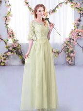 Yellow Green Side Zipper Wedding Guest Dresses Lace and Belt Half Sleeves Floor Length