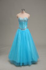 Aqua Blue Tulle Lace Up Sweetheart Sleeveless Floor Length Pageant Dress for Teens Beading