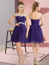 New Arrival Purple Empire Beading Bridesmaid Dress Lace Up Chiffon Cap Sleeves Mini Length