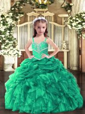 Exquisite Green Ball Gowns Organza Straps Sleeveless Beading and Ruffles Floor Length Lace Up Pageant Dress Toddler