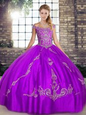 Floor Length Lace Up Quinceanera Gown Purple for Military Ball and Sweet 16 and Quinceanera with Beading and Embroidery