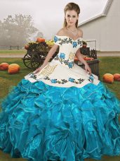 Embroidery and Ruffles Sweet 16 Quinceanera Dress Blue And White Lace Up Sleeveless Floor Length