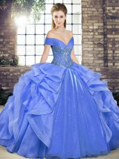 Floor Length Blue Quinceanera Dress Organza Sleeveless Beading and Ruffles