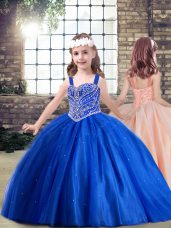 Sleeveless Floor Length Beading Lace Up Pageant Gowns For Girls with Royal Blue
