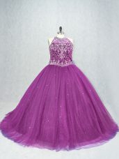 Low Price Purple Tulle Lace Up Sweet 16 Quinceanera Dress Sleeveless Beading