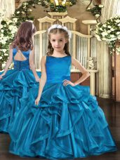Blue Ball Gowns Organza Scoop Sleeveless Ruffles Floor Length Lace Up Little Girl Pageant Gowns