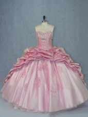 Flirting Pink Sleeveless Tulle Brush Train Lace Up Quinceanera Gown for Sweet 16 and Quinceanera
