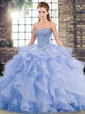 Lavender Ball Gowns Sweetheart Sleeveless Tulle Brush Train Lace Up Beading and Ruffles Quince Ball Gowns