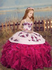 Floor Length Hot Pink Girls Pageant Dresses Straps Sleeveless Lace Up