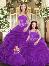 Floor Length Lace Up Quinceanera Gowns Purple for Sweet 16 and Quinceanera with Beading and Ruffles