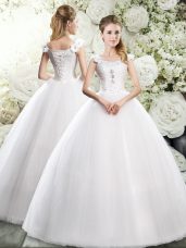 Fancy White Tulle Lace Up Straps Sleeveless Floor Length Wedding Gowns Beading and Hand Made Flower