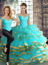 Wonderful Floor Length Lace Up Sweet 16 Dresses Aqua Blue for Military Ball and Sweet 16 and Quinceanera with Beading and Ruffled Layers