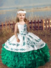 Dark Green Little Girl Pageant Gowns Wedding Party with Embroidery and Ruffles Straps Sleeveless Lace Up