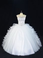 Sleeveless Floor Length Beading Lace Up Quince Ball Gowns with White