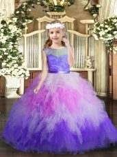 Multi-color Ball Gowns V-neck Sleeveless Tulle Floor Length Backless Lace and Ruffles Girls Pageant Dresses