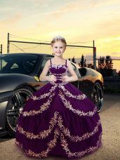 Floor Length Lace Up Little Girl Pageant Gowns Purple for Wedding Party with Embroidery