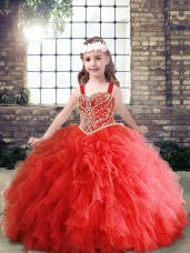 Affordable Beading and Ruffles Custom Made Red Lace Up Sleeveless Floor Length