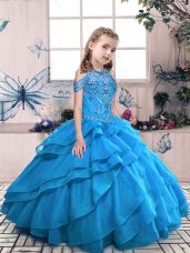 Ball Gowns Teens Party Dress Aqua Blue High-neck Organza Sleeveless Floor Length Lace Up