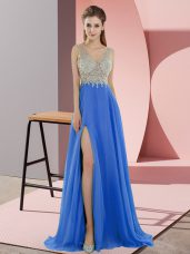 Chiffon Sleeveless Prom Evening Gown Sweep Train and Beading