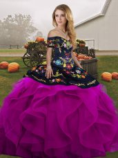 Floor Length Lace Up Quinceanera Gowns Black And Purple for Military Ball and Sweet 16 and Quinceanera with Embroidery and Ruffles