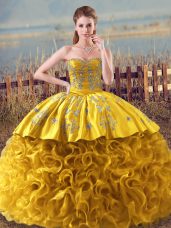 Wonderful Gold Ball Gowns Embroidery and Ruffles Vestidos de Quinceanera Lace Up Fabric With Rolling Flowers Sleeveless Floor Length