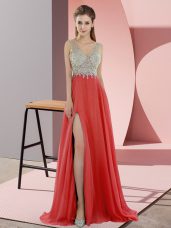 Colorful V-neck Sleeveless Sweep Train Zipper Evening Dress Coral Red Chiffon