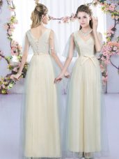 Graceful Champagne Sleeveless Floor Length Lace and Bowknot Lace Up Damas Dress