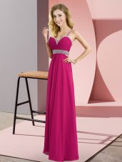 Superior Straps Sleeveless Dress for Prom Floor Length Beading Fuchsia Chiffon