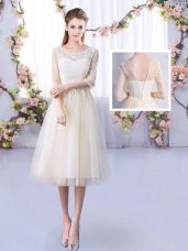 Custom Designed Champagne Half Sleeves Tea Length Lace Lace Up Bridesmaid Dress