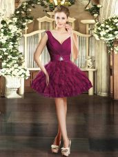 Spectacular Organza V-neck Sleeveless Backless Beading and Ruffles Cocktail Dresses in Burgundy