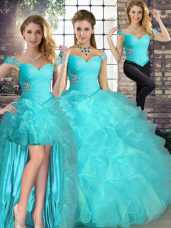 Hot Selling Aqua Blue Organza Lace Up Off The Shoulder Sleeveless Floor Length Quinceanera Dresses Beading and Ruffles