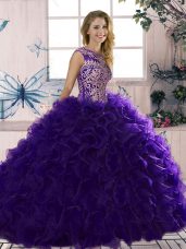 New Style Purple Sleeveless Beading and Ruffles Floor Length Quince Ball Gowns