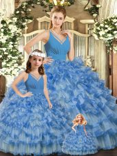 Extravagant Blue V-neck Neckline Ruffled Layers and Ruching Quince Ball Gowns Sleeveless Backless