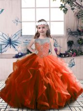 Nice Sleeveless Tulle Floor Length Lace Up Pageant Dress for Teens in Rust Red with Beading