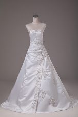 White Wedding Dresses Wedding Party with Beading Strapless Sleeveless Brush Train Lace Up