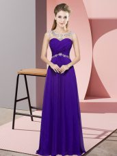 Low Price Purple Empire Chiffon Scoop Sleeveless Beading Floor Length Backless Prom Gown