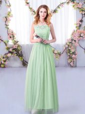 Fantastic Floor Length Side Zipper Bridesmaids Dress Apple Green for Wedding Party with Lace and Belt