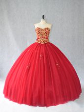 Sleeveless Tulle Brush Train Lace Up Sweet 16 Dresses in Red with Beading