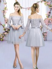 Affordable Off The Shoulder 3 4 Length Sleeve Tulle Quinceanera Court of Honor Dress Lace and Belt Lace Up