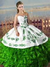Artistic Green Ball Gowns Embroidery and Ruffles Sweet 16 Dresses Lace Up Organza Sleeveless Floor Length