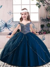 Stunning Navy Blue Lace Up Beading Little Girl Pageant Gowns Sleeveless