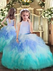 Multi-color Ball Gowns Beading and Ruffles Girls Pageant Dresses Backless Tulle Sleeveless Floor Length